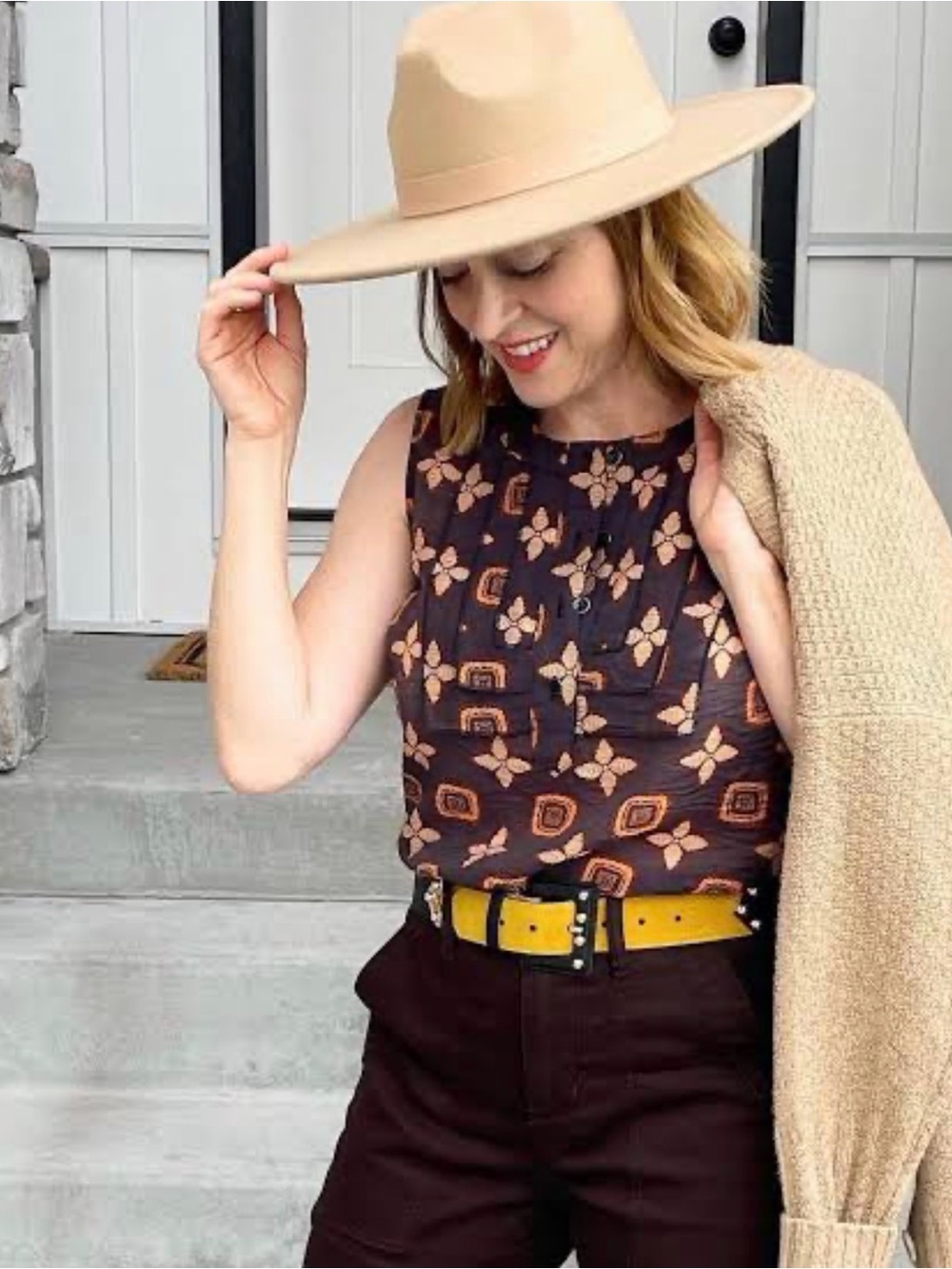 CAbi Louis Top Brown Sleeveless Floral-Geometric Camisole with Tan Accents